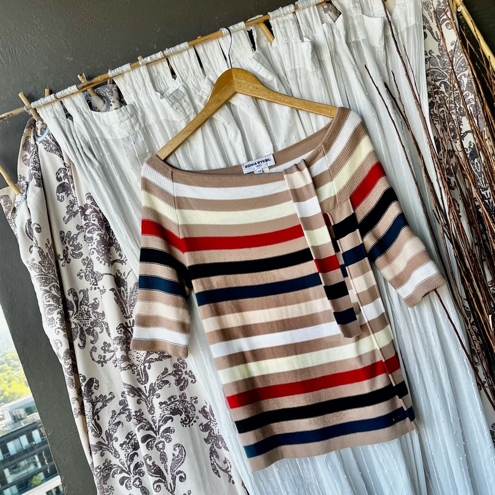 Chic Striped Sweater Blouse in Red, Blue, and Cream